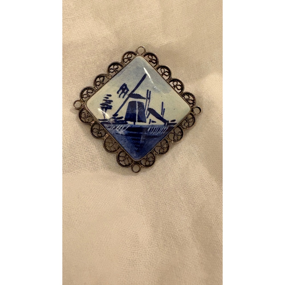 Vintage Delft Style Windmill Brooch Sterling Silver Filigree Blue White Pin